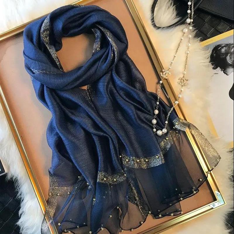 Women's Boutique Silk Scarf Mulberry Silk Scarf Warm Autumn and Winter Shawl Scarf Embroidered Gauze Scarves Pearl Hem Decor Neckerchief Solid Shawl