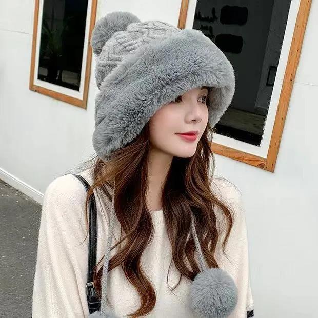 Winter Imitation Rabbit Fur Hat Women's Knitted Plush Wool Beanie Sweet and Cute Ear Protection Warm Hat