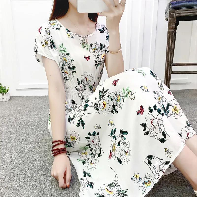 Plus Size Long Dress Casual Comfort Cotton Dresses Daisy Print Short Sleeve Dress Summer