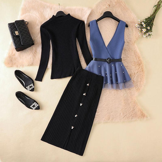 Three-piece Suit Autumn and Winter Ladies Waistcoat Knitted Tops Women's High Waist Bag Hip Skirt Waist Slimming Ladies Elegant Sweater Suit