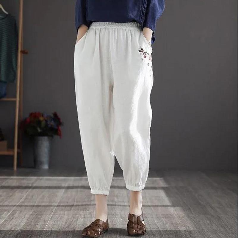 WTEMPO Cotton Retro Flower Embroidery Women Spring and Summer Loose Solid Color Casual Trousers