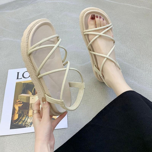 Roman Sandals Women's Summer Flat-bottom College Style with Skirt Beach Shoes Women's Simple Style Thick-soled Non-slip Sandals