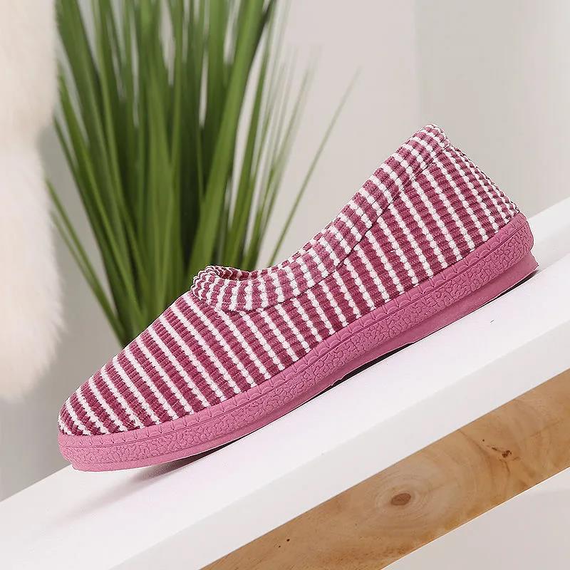 Winter Cotton Slippers Women's Cotton Shoes Bag Heels Cute Stripes Indoor Cotton Slippers Non-slip Warmth Plush Low-top Cotton Shoes