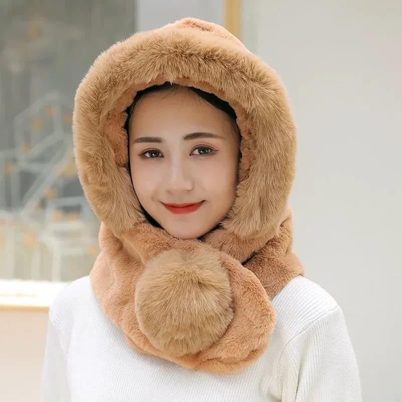 Hat Scarf One Plush Hat Winter Ladies Korean Version of Rex Rabbit Fur Outdoor Thickening Warm and Cold Knitted Hat