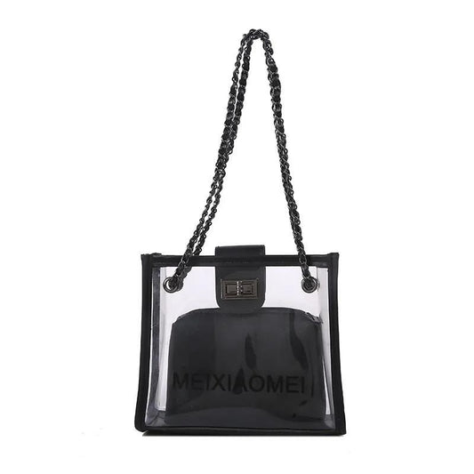 2pcs Shoulder Transparent Bag Women Clear Handbag Waterproof for Bathing Swimming Beach Metal Chain Portable Box Bags