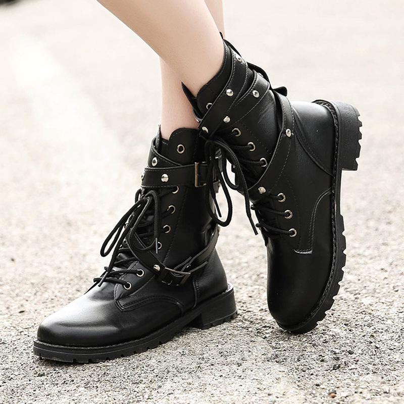 Women High Boots Gothic Shoes Ankle Boots Female Genuine Leather Military Boots Buckle Women Boots