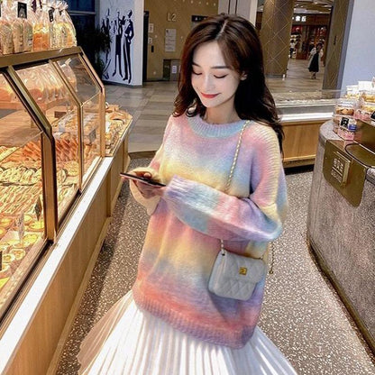 Autumn  Winter  Rainbow Sweater Slimming Women's  Loose Outer Wear Cocoon Casual Long-sleeved Sweater Top