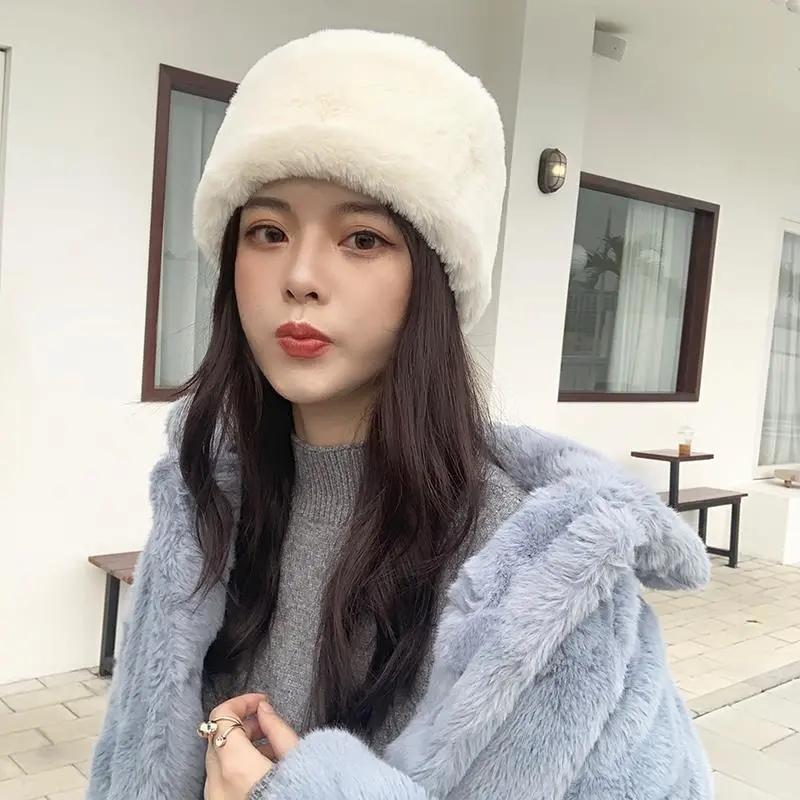 Ladies Winter Fisherman Hat Plush Velvet Warm Hat Ear Protection Pure Color Rabbit Fur Blend Dome Beret Top Hat Puffy Warm Soft Headgear