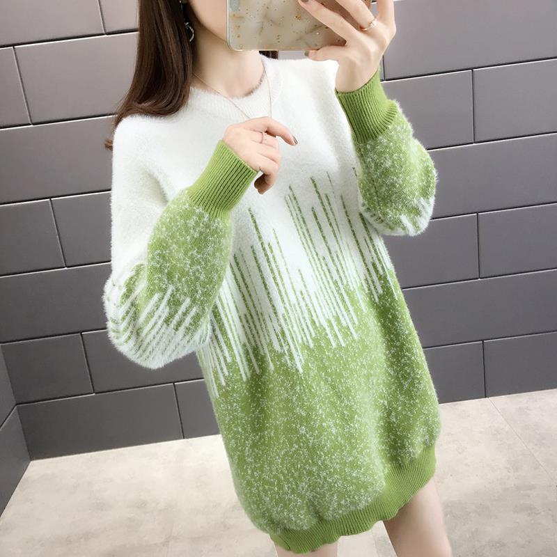 Women's Mohair Sweaters Thick Pullover Knitwear Gradient Color Round Neck Fuzzy Sweater