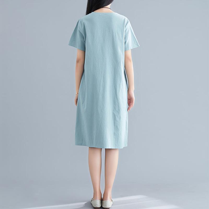 Cotton and Linen Embroidered Dress Women's Summer Ethnic Style Loose and Thin A-line Buckle Mid-length Dress