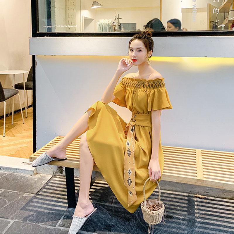 Pofulove Off-the-shoulder Dress Summer Party Dress Retro Chiffon Skirt Long A-line Dress with Belt