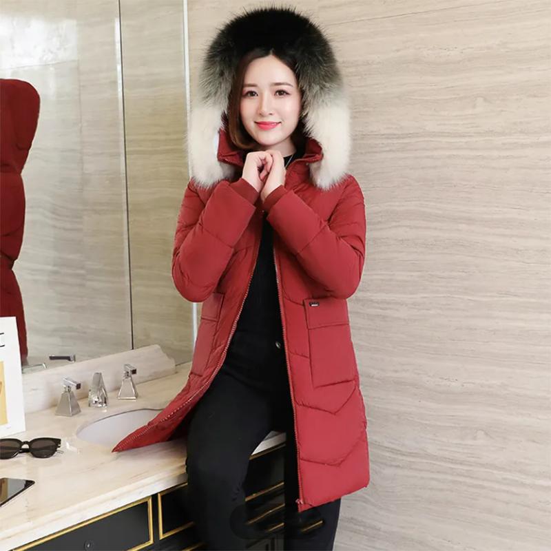 Women's Solid Color Down Jacket Mid-length Korean Loose Thick Coat Warm Cotton Coat Big Fur Collar Winter Clothes Quilted Coat