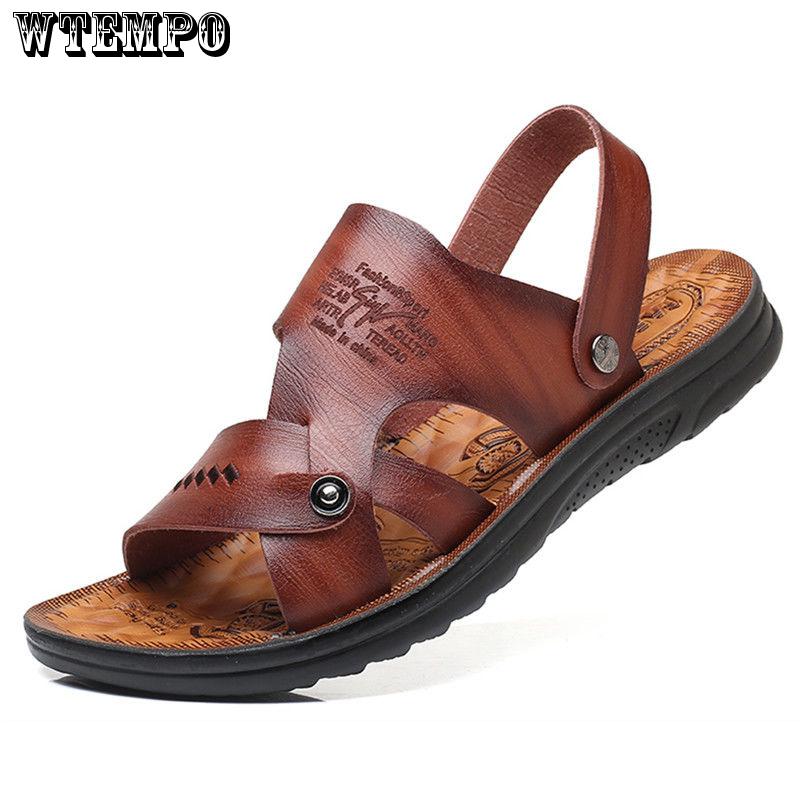 Summer Sandals Men Leather Classic open-toed Slipper Outdoor Beach Rubber Summer Shoes