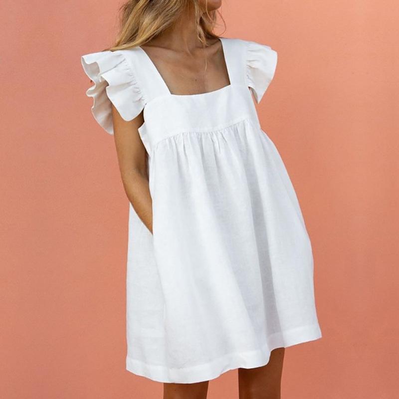 Women Ruffled Dress Summer Cute Square Collar Pocket Dresses Elegant Butterfly Sleeve Beach Party Female Dresses