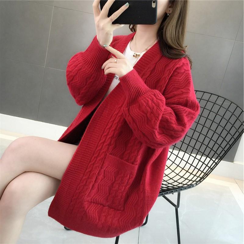 Mid-length Autumn and Winter Jacket Loose Knit Cardigan Long-sleeved Casual Sweater