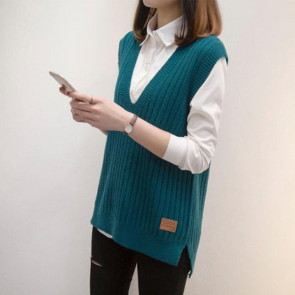 Loose Pullover Knit Vest, Short V-neck Sleeveless Sweater All-match Outer Wear