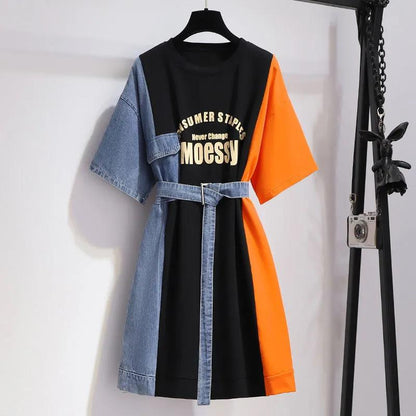 Denim Stitching T-shirt Dress Female Summer Design Sense Niche Waist Was Thin and Small Dress