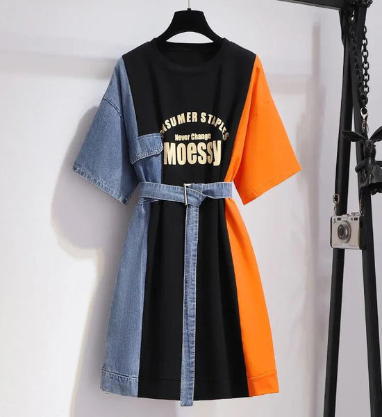 Denim Stitching T-shirt Dress Female Summer Design Sense Niche Waist Was Thin and Small Dress