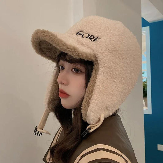 Women's Autumn and Winter Thickened Lamb Woolen Cap Korean Style Cute Cycling Cold Proof Warm Windproof Earmuff Head Hat Letter Embroidery Cap