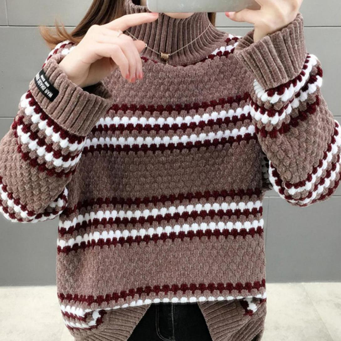 Women's Winter Large Size Versatile Striped Sweater Female Autumn Loose High Collar Long Sleeve Warm Knitted Pullover