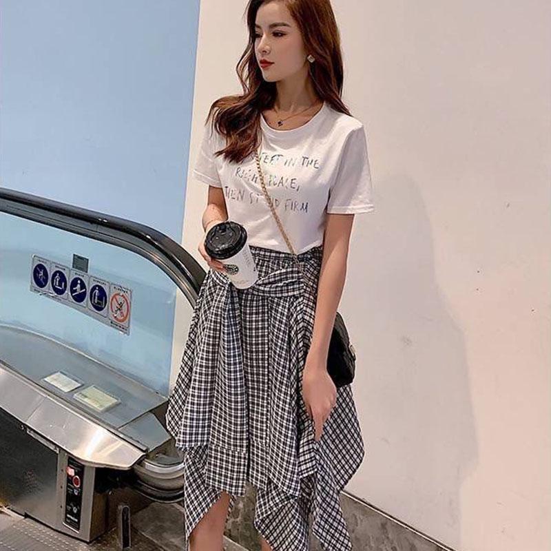 Pofulove Elegant Skirt Set Women Short Sleeve T-shirt Plaid Skirt Two-piece Set Summer Outfits