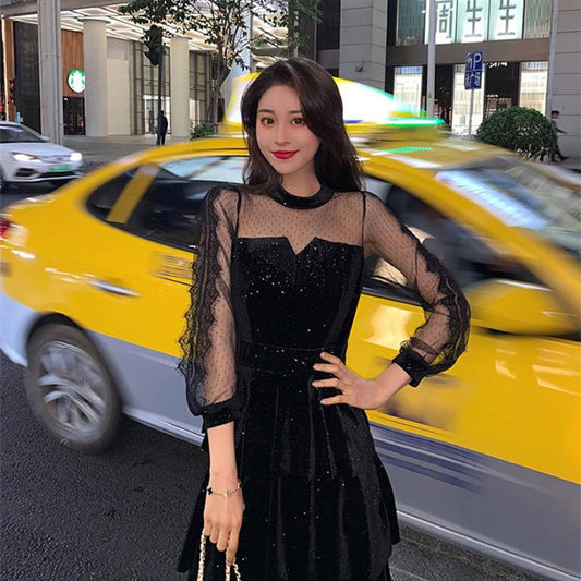 Spring Summer O-neck Stars Sequined Mesh Shiny Fairy Dress Women Elegant Bling Princess Puff Dresses