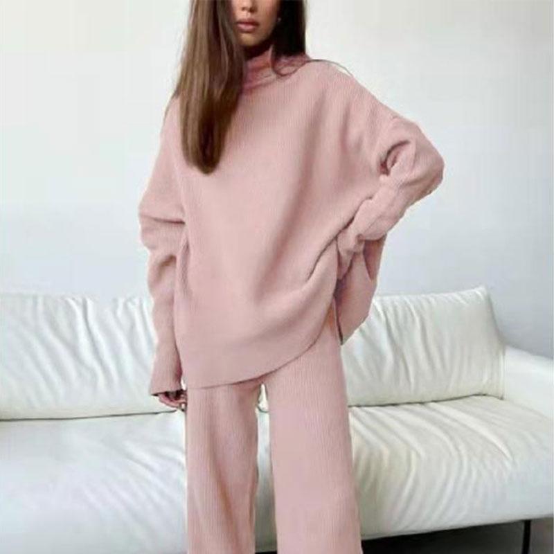 2PCS Long Sleeve Sweater Wide Leg Pants Trousers Loose Turtleneck Knit Sweater Casual Two Piece Sweater Set Solid Color Sweat Suits For Women