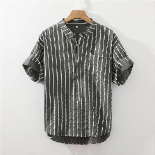 Striped Short-sleeved Shirt Men's Trend Summer Loose Thin Section Stand-up Collar Pullover Shirt T-shirt Inch Clothing Men