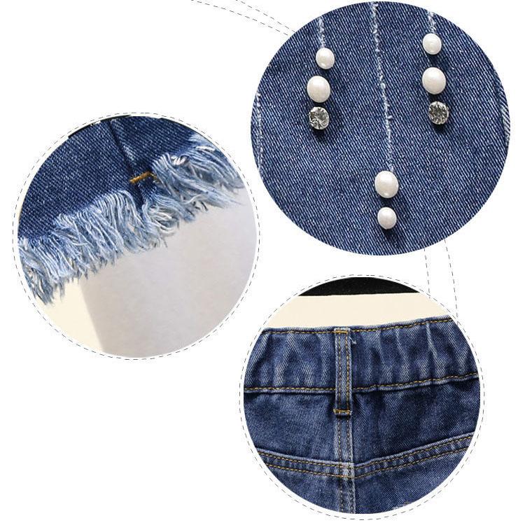 Women's Summer Large Size Pearl Raw Edge A-line Wide-leg Pants Denim Shorts Elastic Waist Casual Bead Shorts