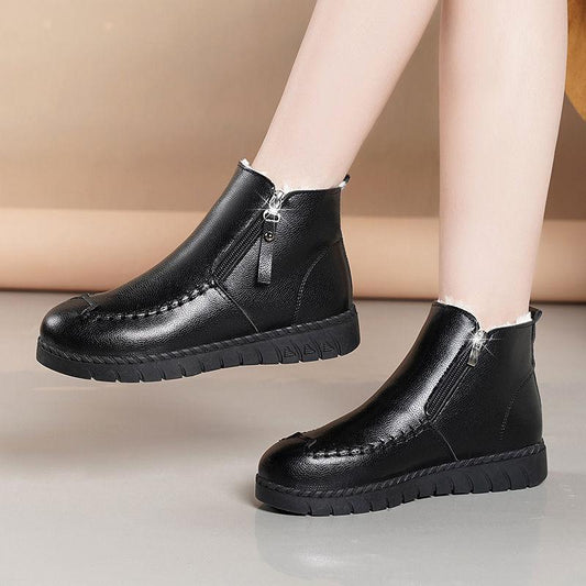 Winter Mom's Cotton Shoes Middle-aged Plus Velvet Warm Women's Boots Flat Non-slip Short Boots Large Size Leather Shoes