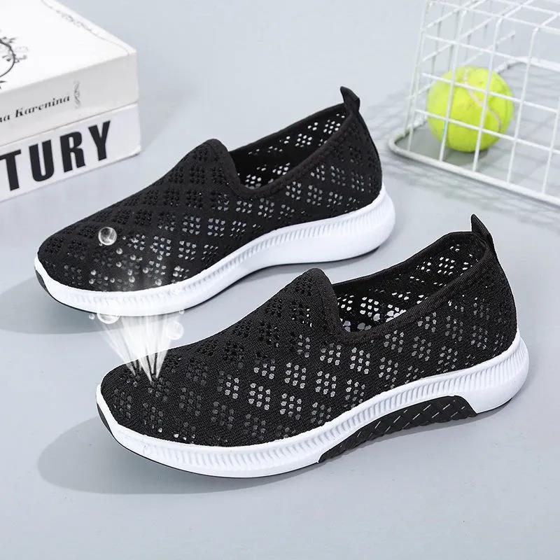 Summer Hollow Out Shoes Female Breathable Sneakers Mother Casual Mesh Shoes Solid Color Walking Single Sports Shoes