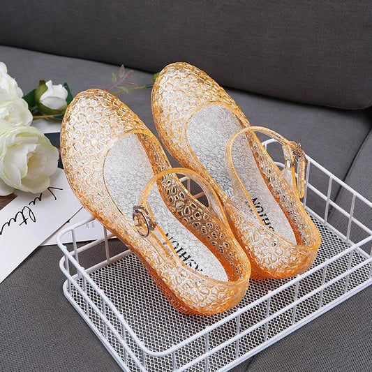 Crystal Sandals Women's Summer Transparent Beach Shoes Mid-heel Wedge with A Word Buckle Hollow Non-slip Hole Shoes