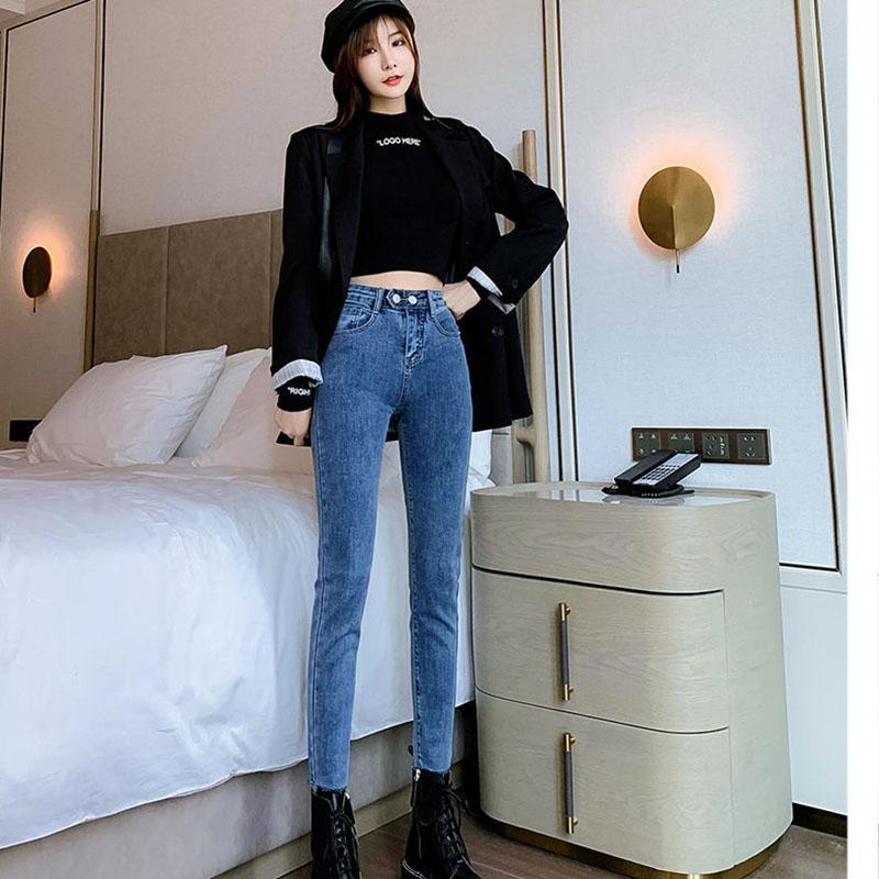 Tight-fitting Stretch Jeans Women's High Waist Slimming Feet Pants Blue Gray Pencil Pants Trousers