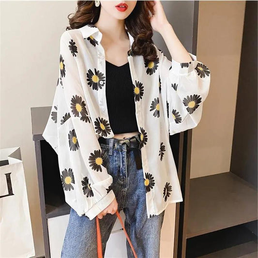 Ladies Shawl Mid-length Thin Coat Chiffon Sunscreen Clothing Female Long-sleeved Loose Daisy Mid-length Sun Protection Shirt Breathable Coat