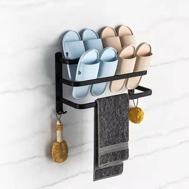 Towel Bar Hanger Free Punch Clothes Rack Single/Double Bar Toilet Hanger Rack Black Bathroom Storage Rack Towel Holder Rack Rail