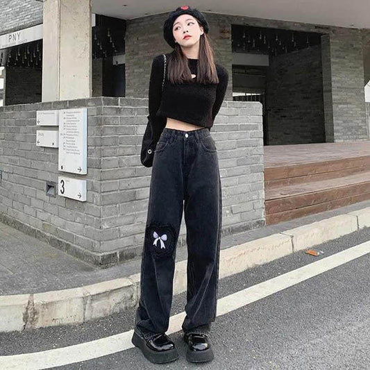 Butterfly Embroidery Jeans Female Autumn and Winter Korean Version of The High Waist Thin Wild Plug-in Direct Linear