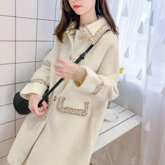 Women's Winter Elegant Mink Like Cashmere Loose Medium Length Overcoat Knitted Cardigan