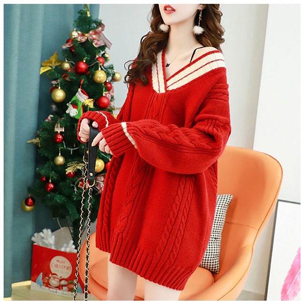 Autumn and Winter Red Sweater Loose Casual V-neck Tops Fashion Knitted Women Tops