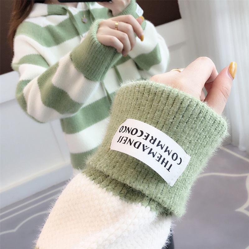 Autumn  Winter Thick Color-blocking Striped Pullover Sweater Women Imitation Mink Sweater Women Mohair Hooded Sweater Outwear