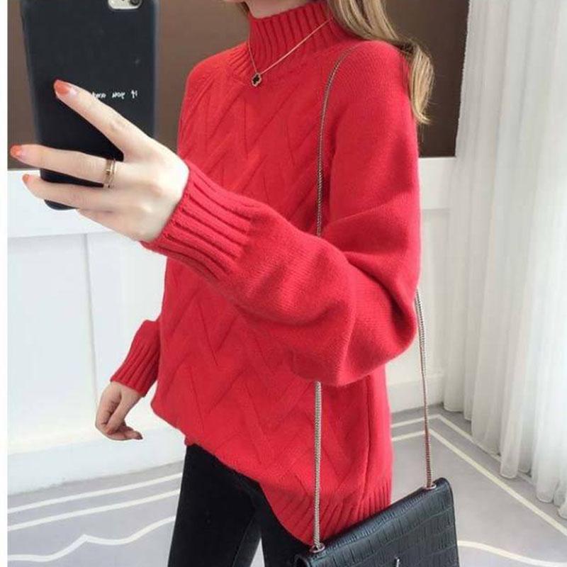 Pofulove Women Thick Loose Pullover Female Jumpers Long Sleeve Pull Femme Casual Knitted Sweater Red