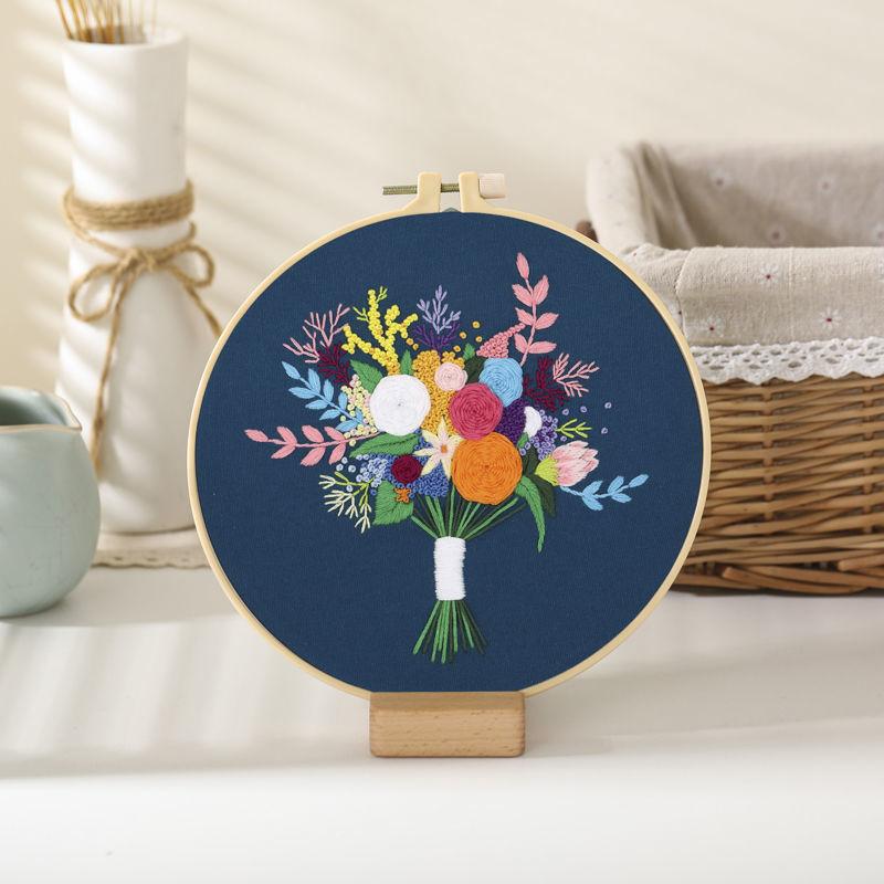 Floral Hand Cross Stitch Embroidery Cloth Starter Kits Needlepoint Color Threads Bamboo Hoop DIY