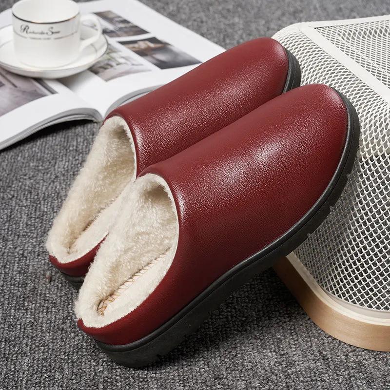 Cotton Slippers Winter Leather Waterproof Thick Warm Women Slide Plus Size Mens Slippers