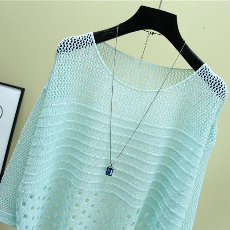 Summer Thin Bottoming Blouse Hollow Top Loose Pullover Knitted Sweater Women's Sunscreen Solid Color Breathable T-shirt