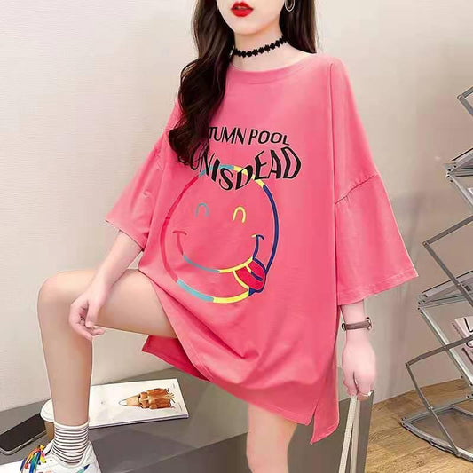 Cute Smiley Women Dress Girl Loose O-Neck Casual Long T-shirt Dress Big Loose Home Comfort Outer Convenient Nightdress Pajamas