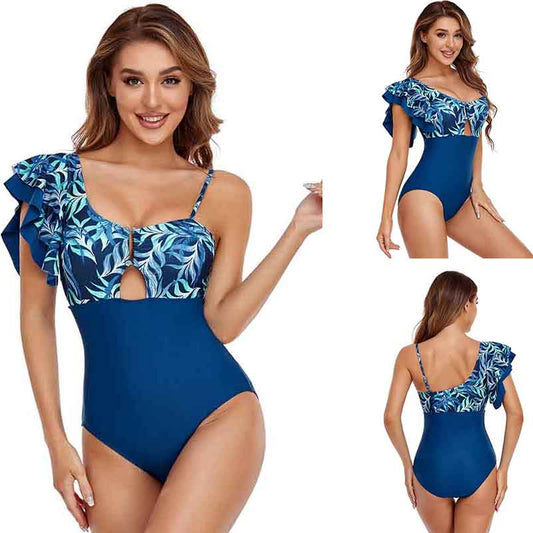 Splicing One Piece Swimsuit Feminine Fashion One Shoulder Lotus Leaf Beachwear Backless Swimsuit