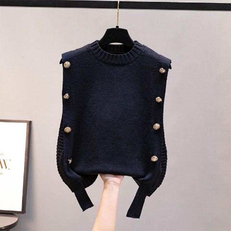 Spring Autumn Korean Style Knitted Waistcoat with Loose Sleeveless Sweater for Women's Outer Wear Solid Vest