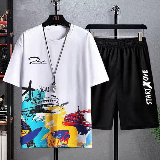 Summer Men's Ice Silk Short-sleeved Breathable T-shirt Round Neck Trend Student Loose Printing Casual Suit