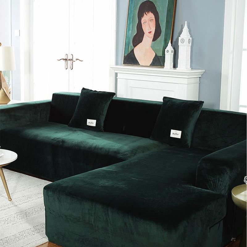 Elasticated Plush Sofa Covers for Living Room Velvet Corner Armchair Couch Pleads Cover Sets 2 and 3 Seater L Shape Furniture