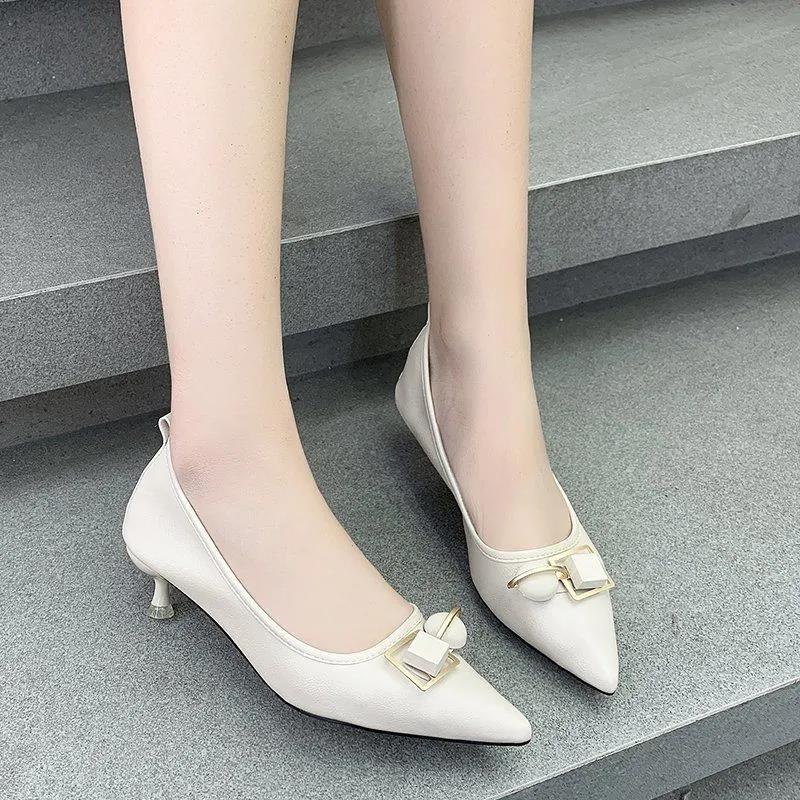 Genuine Leather High-heeled Stiletto All-match Work Women's Shoes Mid-heel Leather Shoes Pointed Toe Non-grinding Single Shoes