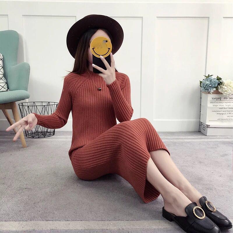 Autumn and Winter Slim Slimming All-match Base Long Sweater Dress Over-the-knee Warm Knitted Round Neck Long-sleeved Dress